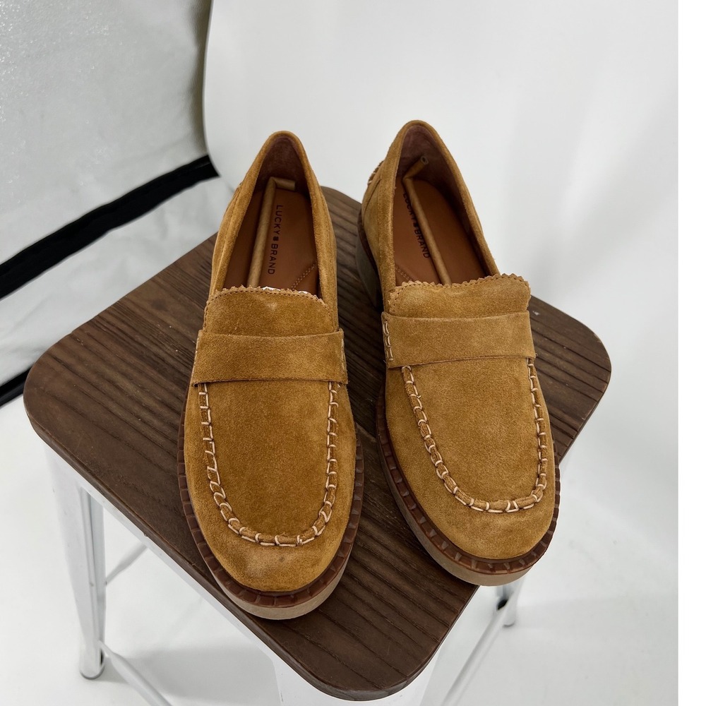 Lucky Brand Larissah Suede Loafers Cuoio Brown Whipstitch Penny Shoe NWT Size 11 - Picture 2 of 8